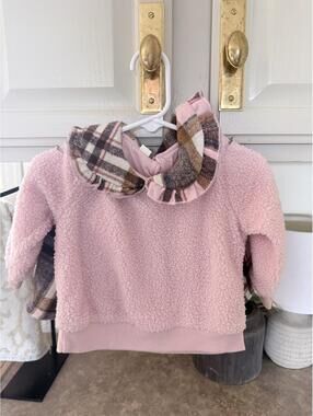 Pink Baby Outfit with Plaid Skirt and Ruffled Collar - Size 9-12 Months